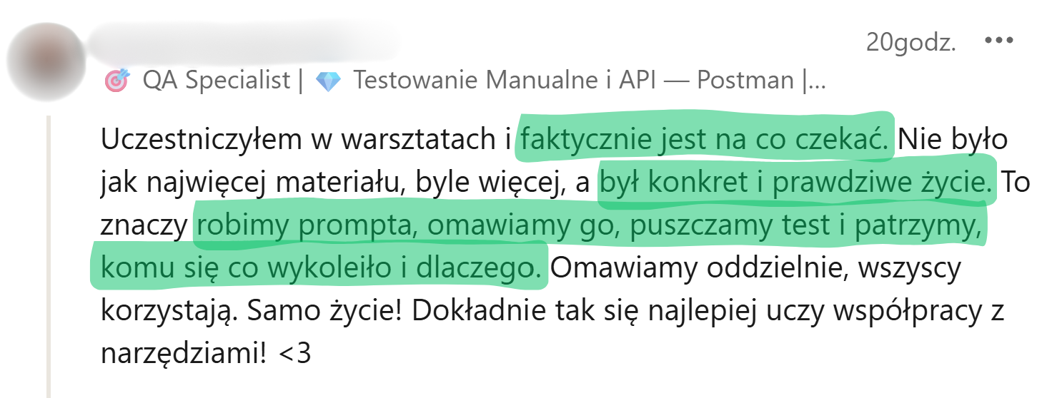 Zrzut opinii uczestnika poprzedniej edycji warsztatu 4